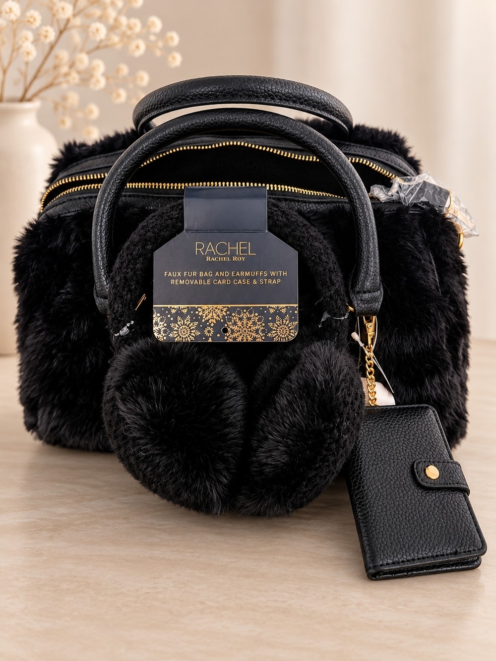RACHEL Rachel Roy Black Faux Fur Mini Satchel with Earmuffs and Card Case